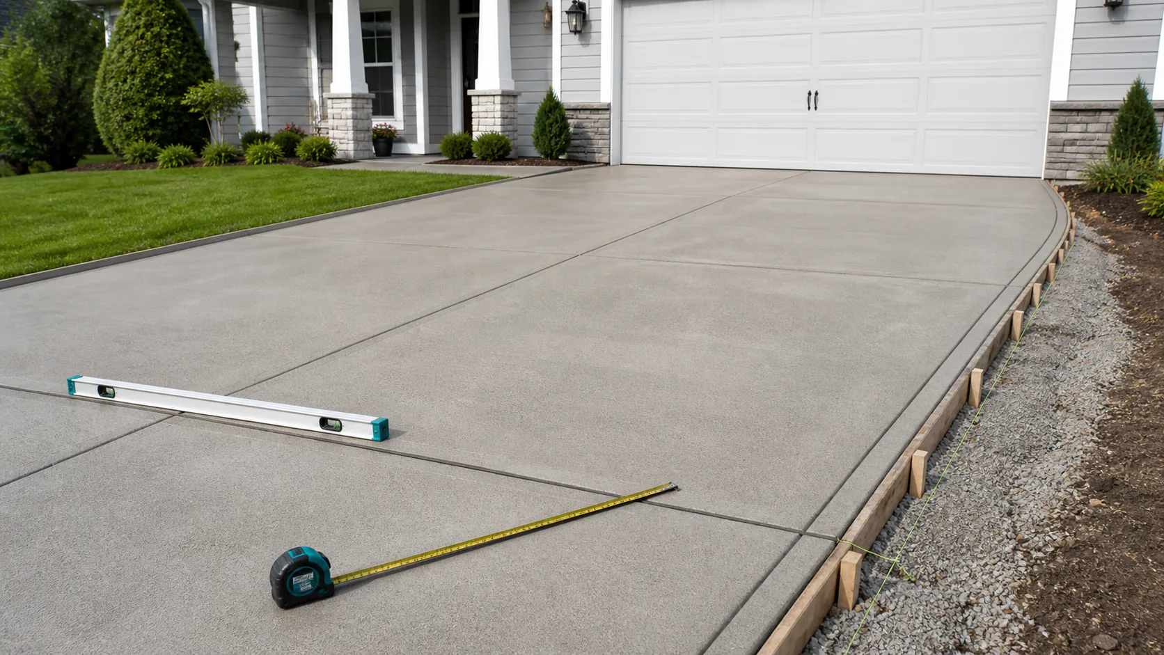 Residential concrete driveway with measuring tape and level