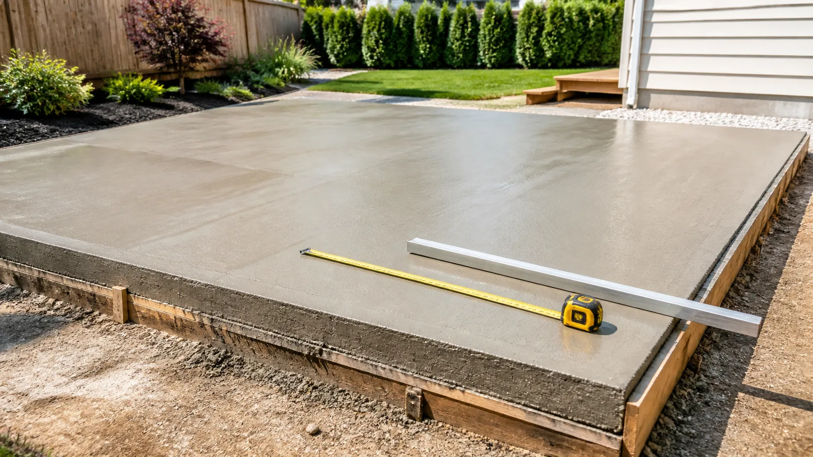 Fresh concrete slab with measuring tape and straight edge
